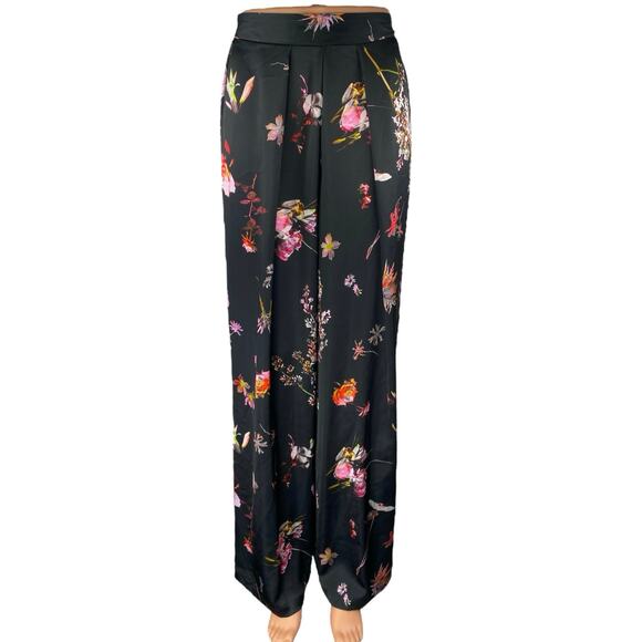 Victoria's Secret Black Silky Satin Floral Pleated Wide Leg Trousers Pants Sz XS - Picture 1 of 5